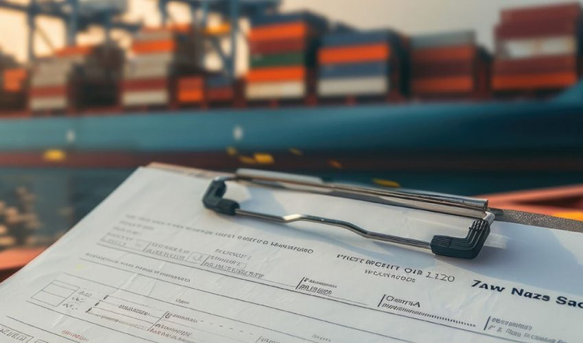 international freight and customs brokerage documentation in front of sea freighter