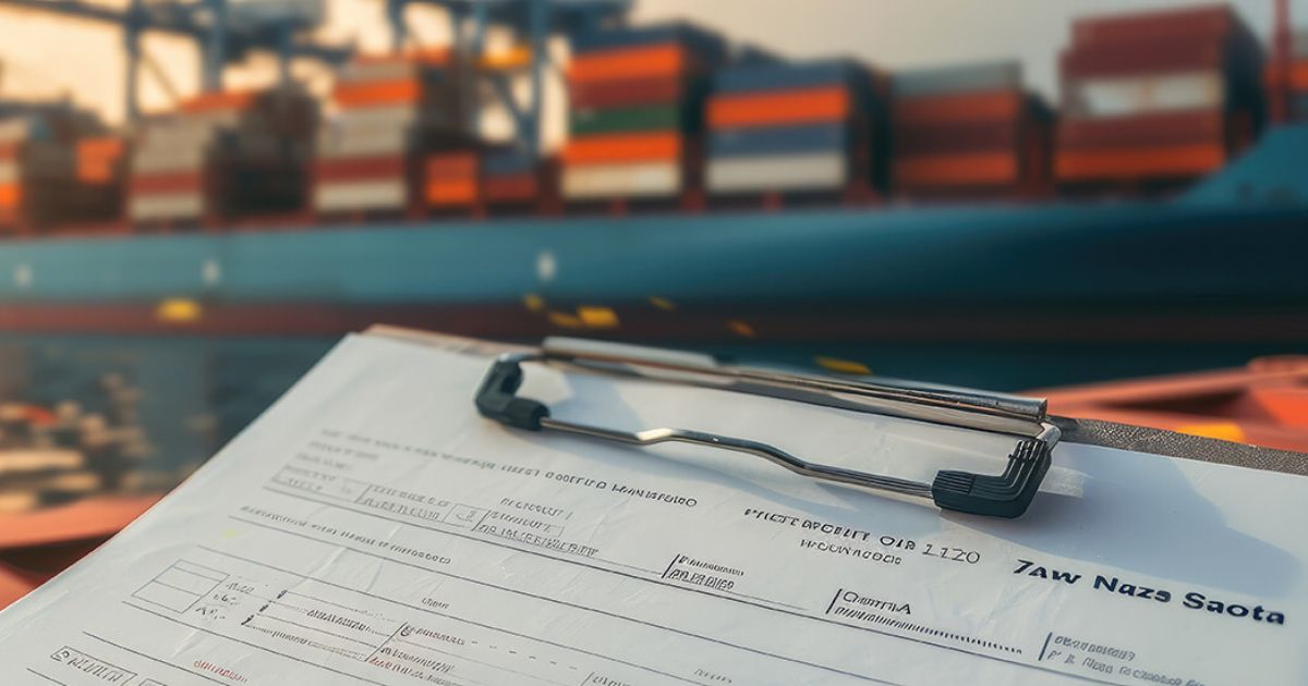 international freight and customs brokerage documentation in front of sea freighter